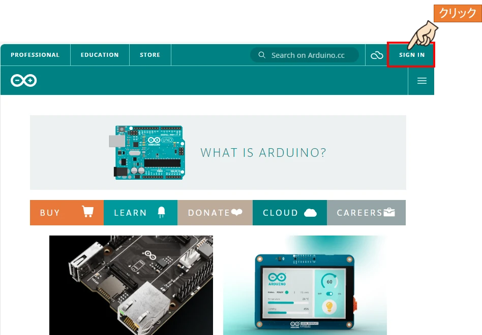 Arduino Cloudサイトを開き、｢SIGN IN｣をクリックします。
