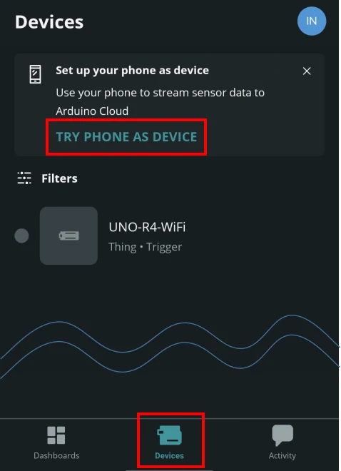 Devicesの｢TRY PHONE AS DEVICE｣をタップして、スマートフォンをデバイスとして登録します。