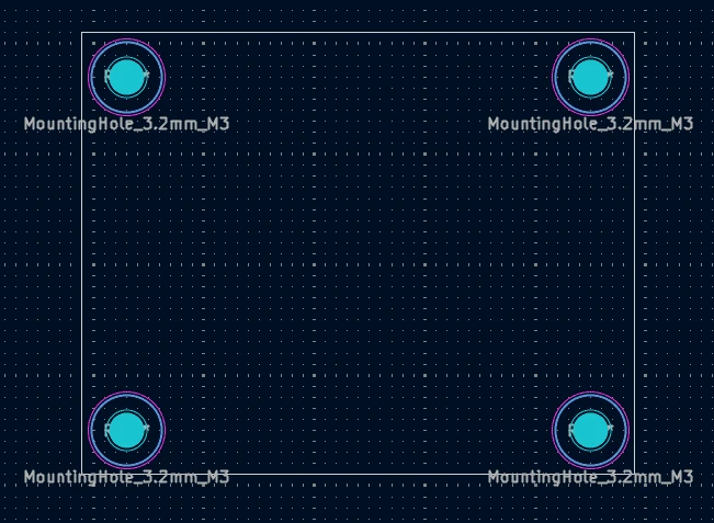 基板の4コーナーに取り付け用の穴(M3ネジ用のΦ3.2抜き穴)を開ける設定をしたエディタ画面状態