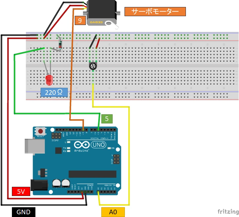 可変抵抗器を使った、LED明るさ及びモーター角度制御回路の配線説明図