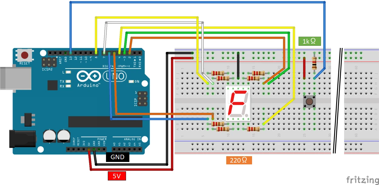押しボタンによる7セグメントLED点灯制御回路の配線説明図