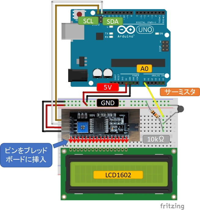 サーミスタを使った検出温度表示回路の配線説明図