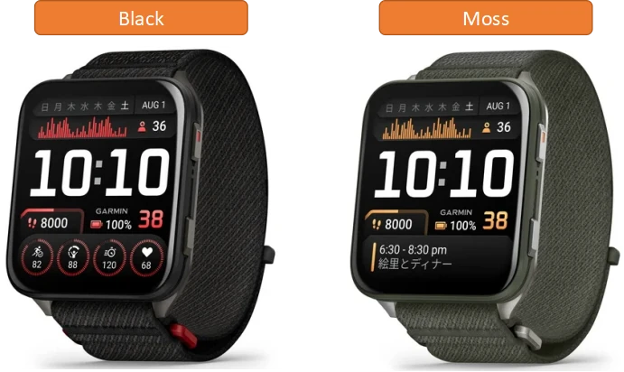 Venu X1はBlackとMossの2色のカラーラインナップから選べます
